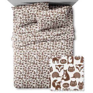 PILLOWFORT Forest Animal Sheet Set Microfiber Brown 3 Piece Twin Owl Bear Fox